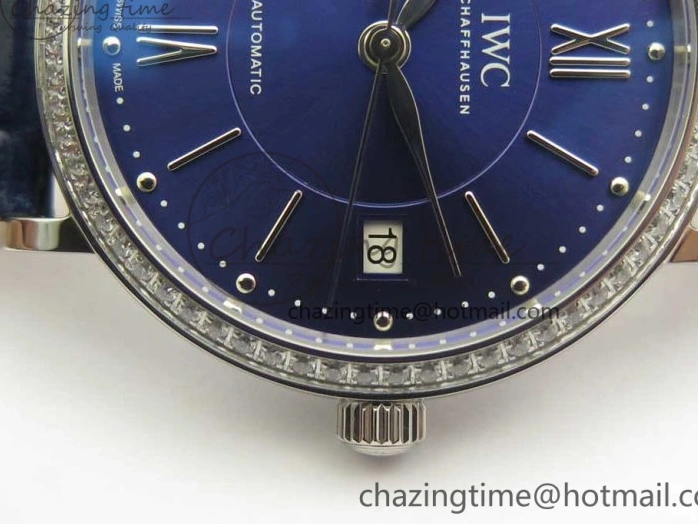 MIROTIME 0210 Fashionable Portofino IW458101 Diamond Bezel SS MK 1:1 Best Edition Blue Dial On Blue Leather Strap MIYOTA 7169